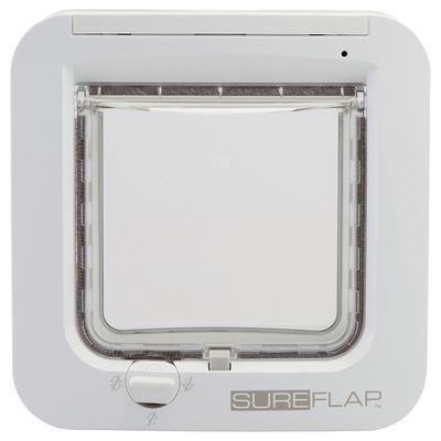 Hvit SureFlap katteluke med mikrochipleser og rund ramme