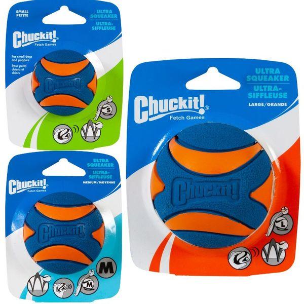 Oransje og blå Chuckit Ultra Squeaker Ball med pipelyd